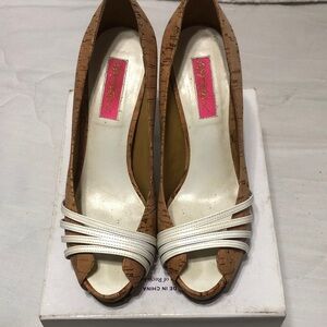 Betsey Johnson Cork Peep-Toe Pumps with White Straps